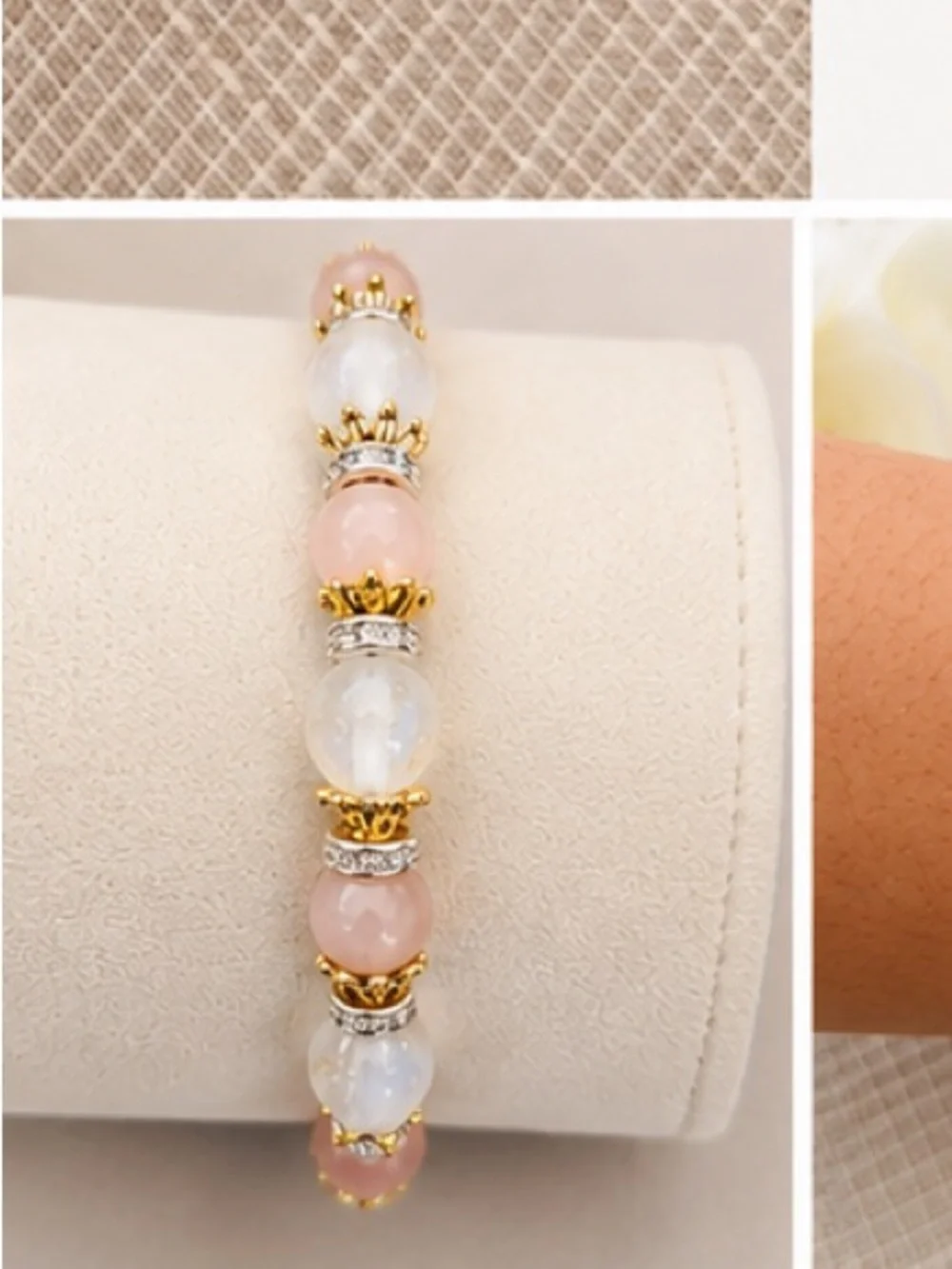 Gold-Accent Rose Quartz & White Crystal Beaded Bracelet